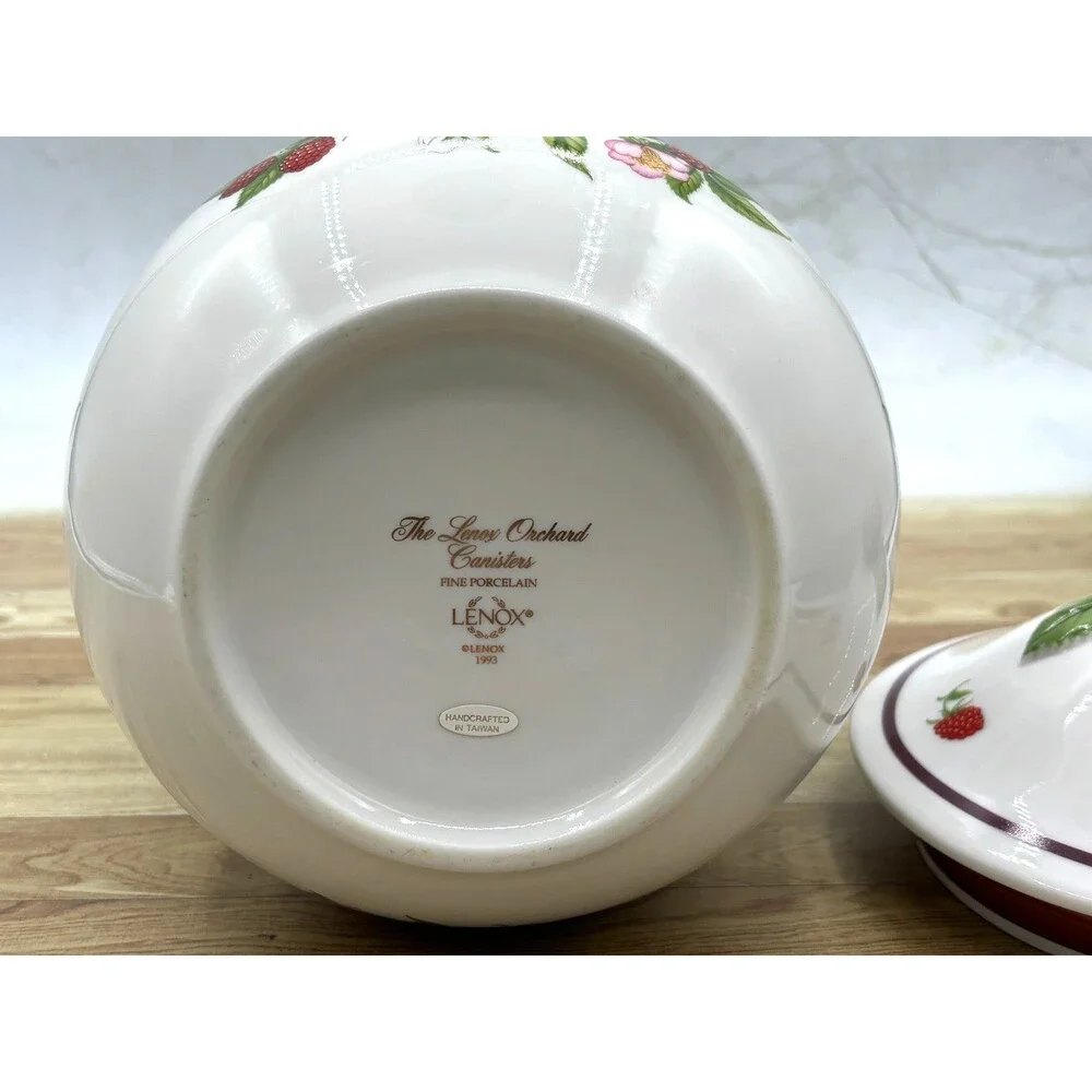 Lenox Ceramic Coffee Canister Orchard Fruit & Floral Design w/Lid Fine Porcelain